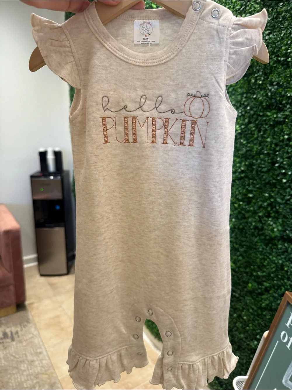Hello Pumpkin Stitched Cream Ruffle Baby Romper (Size 0-3 Months )